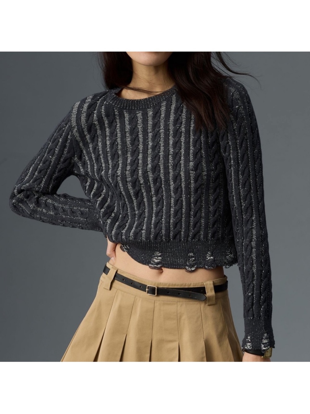 Pilcro Anthropologie Women’s Distressed Cable Knit Sweater Navy Blue Size Large
